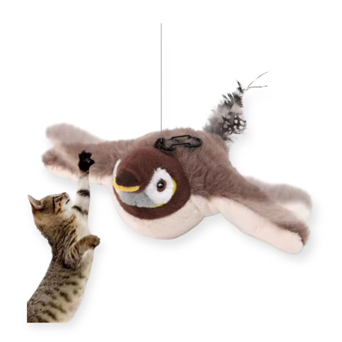 Gato jugando con pájaro que aletea